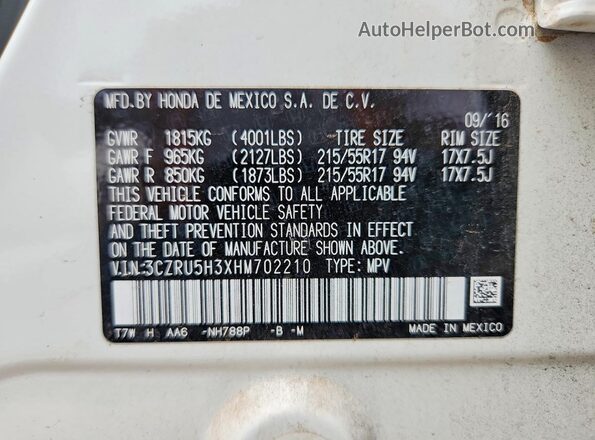 3CZRU5H3XHM702210 2017 HONDA HR-V White 