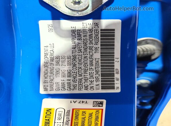19XFL2H85TE005472 2026 HONDA CIVIC Blue VIN კოდის სტიკერის ხედი