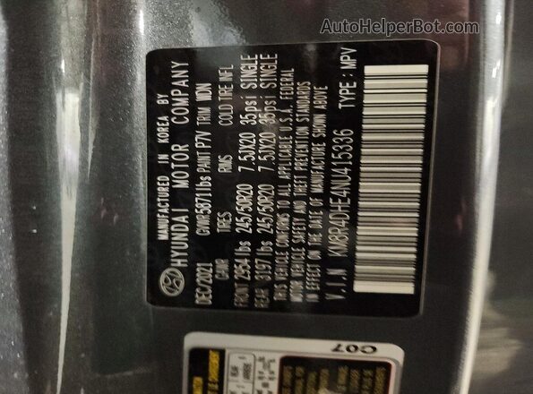 KM8R4DHE4NU415336 2022 HYUNDAI PALISADE Gray Vista de la etiqueta del VIN