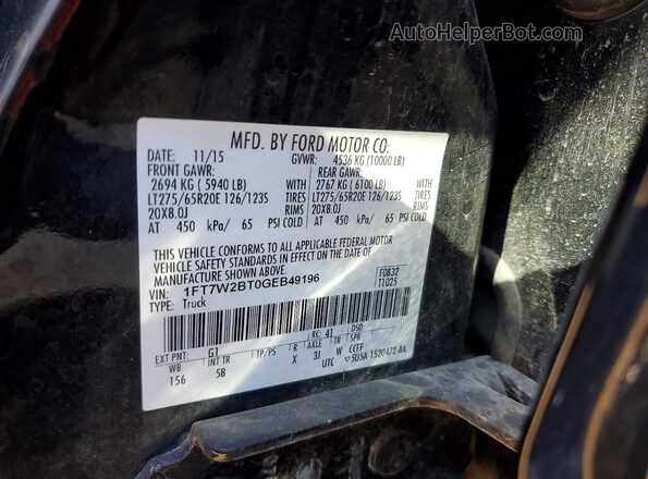 1FT7W2BT0GEB49196 2016 FORD F250 Black VIN კოდის სტიკერის ხედი