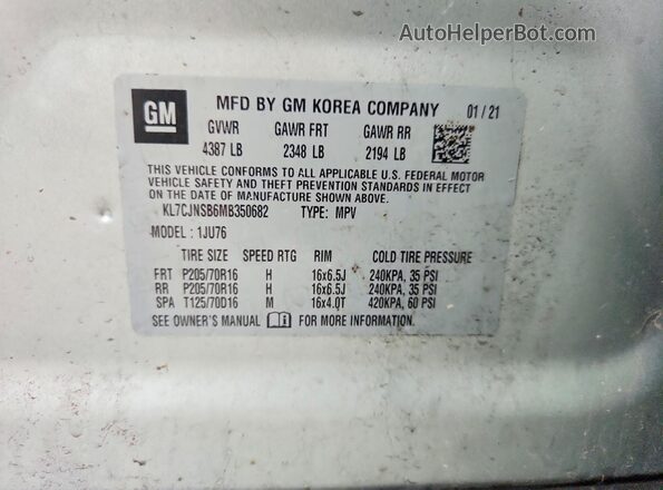 KL7CJNSB6MB350682 2021 CHEVROLET TRAX Silver Widok naklejki z numerem VIN
