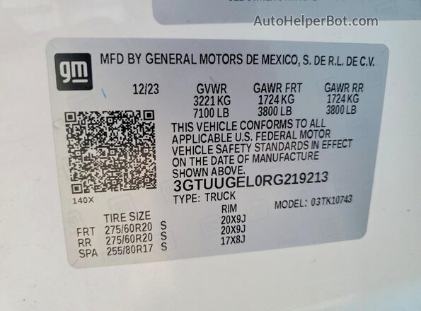 3GTUUGEL0RG219213 2024 GMC SIERRA White Widok naklejki z numerem VIN