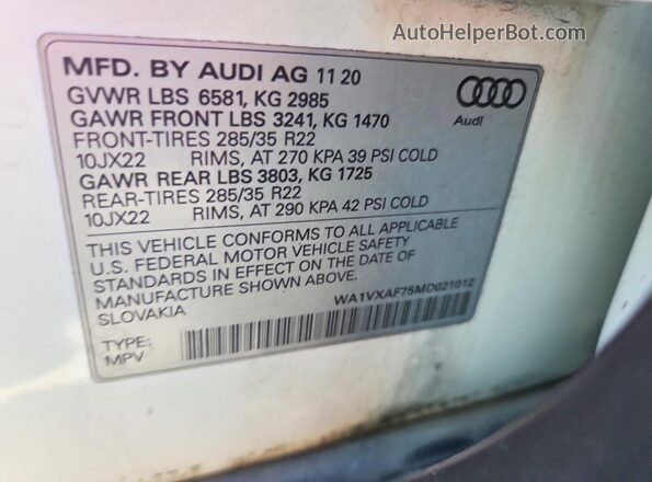 WA1VXAF75MD021012 2021 AUDI Q7 White Vista de la etiqueta del VIN