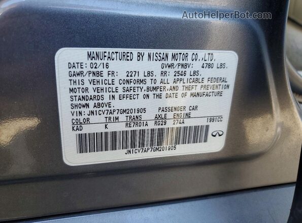 JN1CV7AP7GM201905 2016 INFINITI Q50 Charcoal Вид наклейки з VIN-кодом