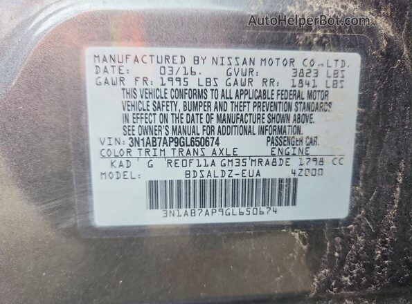 3N1AB7AP9GL650674 2016 NISSAN SENTRA Gray VIN sticker view