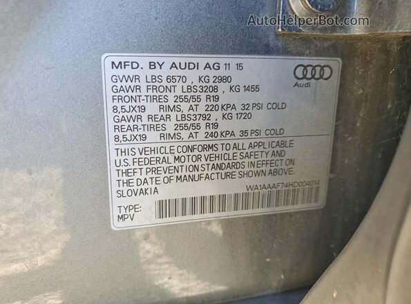WA1AAAF74HD004014 2017 AUDI Q7 Gray Вид наклейки з VIN-кодом