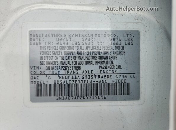 3N1AB7AP2KY317096 2019 NISSAN SENTRA White VIN sticker view