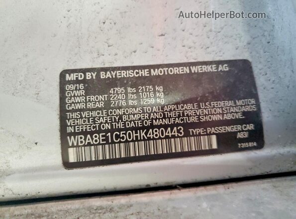 WBA8E1C50HK480443 2017 BMW 3 SERIES Silver Vista de la etiqueta del VIN