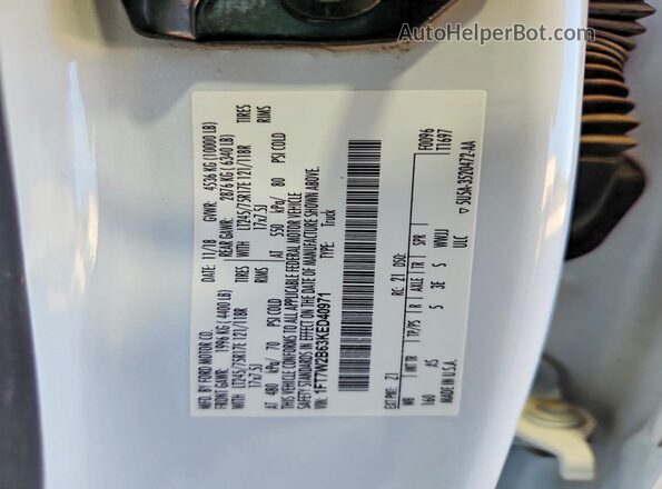 1FT7W2B63KED40971 2019 FORD F250 White Vista de la etiqueta del VIN