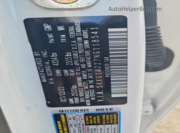 5XXG14J27NG118541 2022 KIA K5 White VIN կոդի պիտակի տեսք