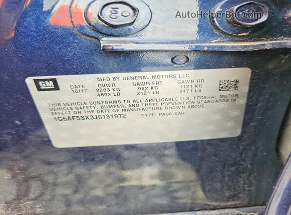 1G6AF5SX3J0131972 2018 CADILLAC ATS Синий Вид наклейки с VIN-кодом