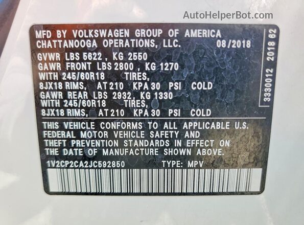 1V2CP2CA2JC592850 2018 VOLKSWAGEN ATLAS White Սալոնի 360 աստիճան տեսք