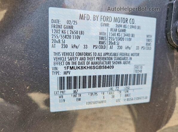 1FMUK8KH6SGB58409 2025 FORD EXPLORER Gray Vista interior de 360 grados
