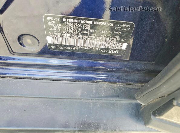 JA4AD3A3XJZ022565 2018 MITSUBISHI OUTLANDER Blue Widok naklejki z numerem VIN