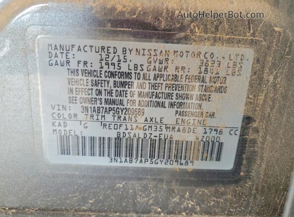 3N1AB7AP5GY209689 2016 NISSAN SENTRA Gray VIN կոդի պիտակի տեսք