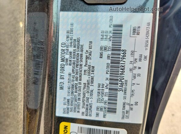 3FA6P0T96KR179668 2019 FORD FUSION Gray VIN sticker view