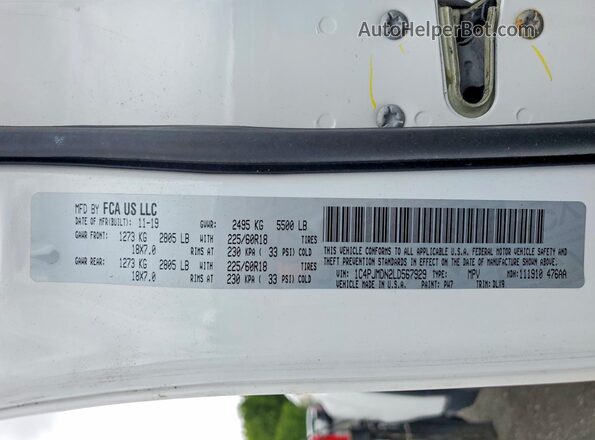 1C4PJMDN2LD567929 2020 JEEP CHEROKEE White 360 interior view