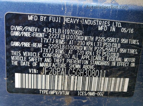 JF2GPALC5GH308011 2016 SUBARU CROSSTREK Blue VIN sticker view