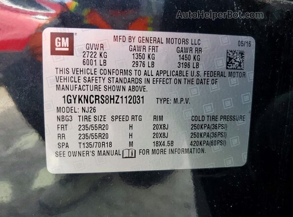 1GYKNCRS8HZ112031 2017 CADILLAC XT5 Black VIN კოდის სტიკერის ხედი