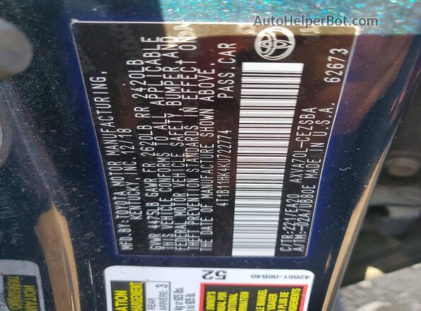 4T1B11HK4KU722774 2019 TOYOTA CAMRY Blue VIN კოდის სტიკერის ხედი