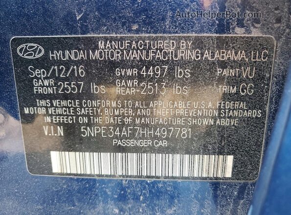 5NPE34AF7HH497781 2017 HYUNDAI SONATA Blue Вид наклейки з VIN-кодом