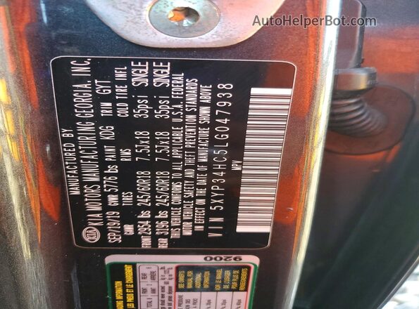 5XYP34HC5LG047938 2020 KIA TELLURIDE Серый Панорамный вид салона 360°