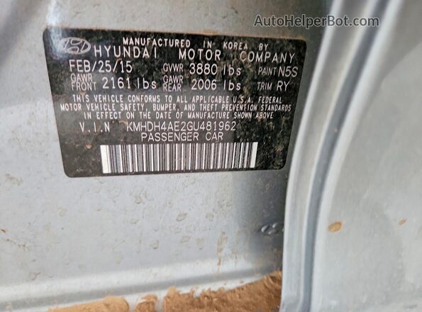 KMHDH4AE2GU481962 2016 HYUNDAI ELANTRA Серый Вид наклейки с VIN-кодом