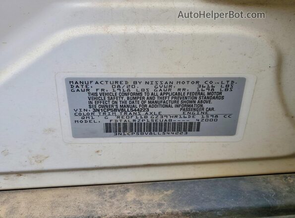 3N1CP5BV8LL544223 2020 NISSAN KICKS White VIN sticker view