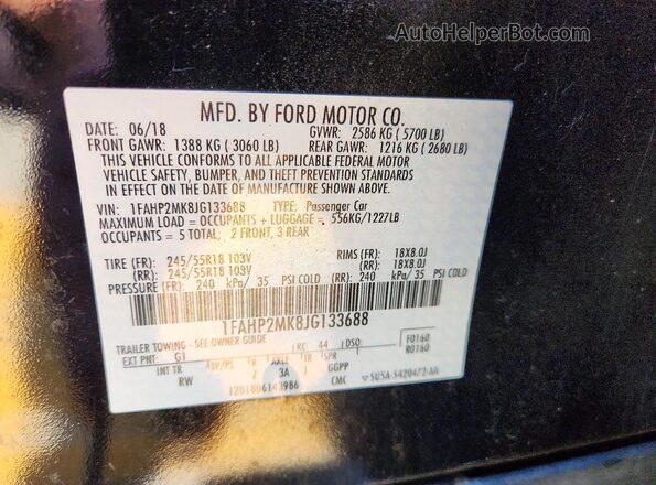 1FAHP2MK8JG133688 2018 FORD TAURUS Black VIN კოდის სტიკერის ხედი
