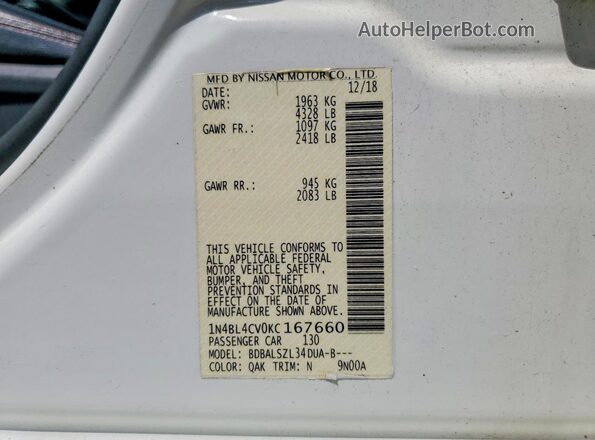 1N4BL4CV0KC167660 2019 NISSAN ALTIMA Белый Вид наклейки с VIN-кодом