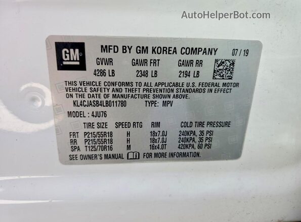KL4CJASB4LB011780 2020 BUICK ENCORE White სალონის 360-გრადუსიანი ხედი