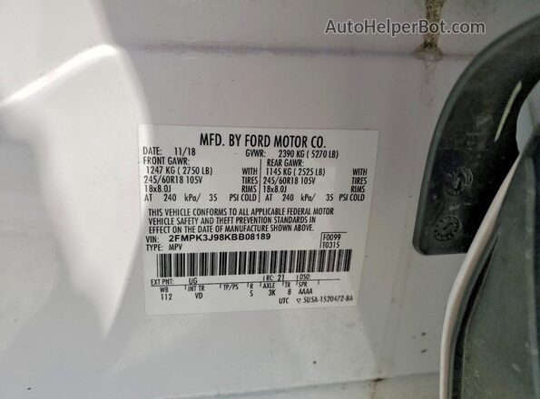 2FMPK3J98KBB08189 2019 FORD EDGE White 360 interior view