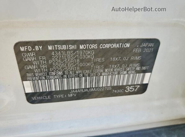 JA4ARUAU9MU022705 2021 MITSUBISHI OUTLANDER White Vista interior de 360 grados