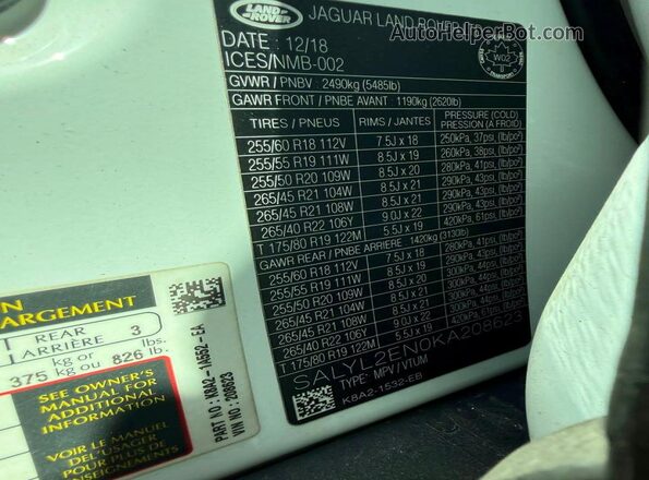 SALYL2EN0KA208623 2019 LAND ROVER RANGE White Vista interior trasera