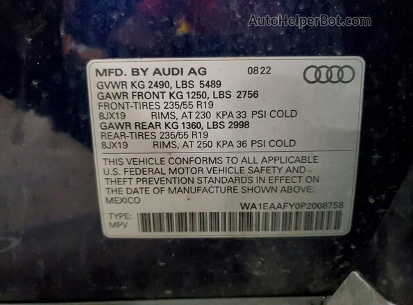 WA1EAAFY0P2008758 2023 AUDI Q5 Blue 360 interior view