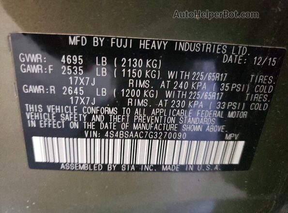 4S4BSAAC7G3270090 2016 SUBARU OUTBACK Green Панорамний вид салону 360°