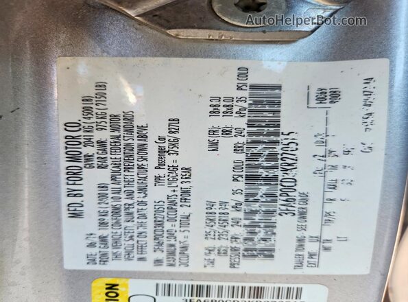 3FA6P0CD3KR270515 2019 FORD FUSION Silver Widok wnętrza 360 stopni