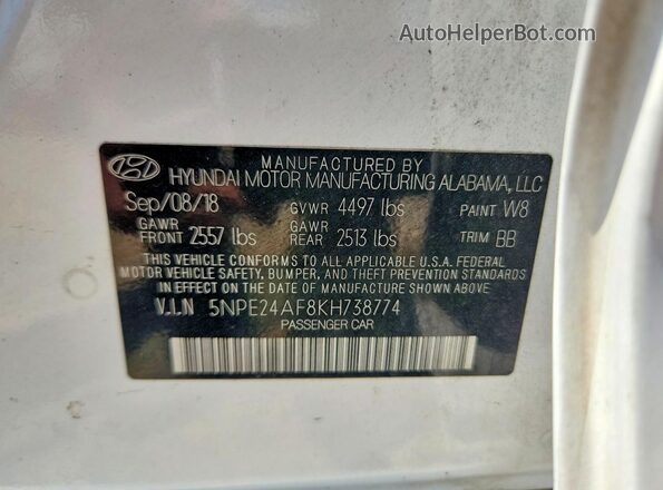 5NPE24AF8KH738774 2019 HYUNDAI SONATA White VIN sticker view