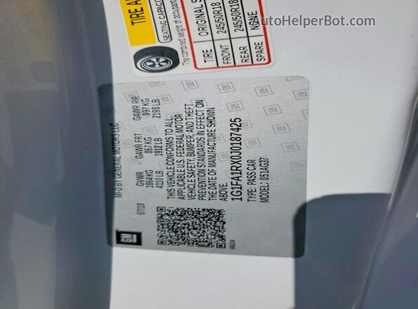 1G1FA1RX0J0187425 2018 CHEVROLET CAMARO White VIN կոդի պիտակի տեսք