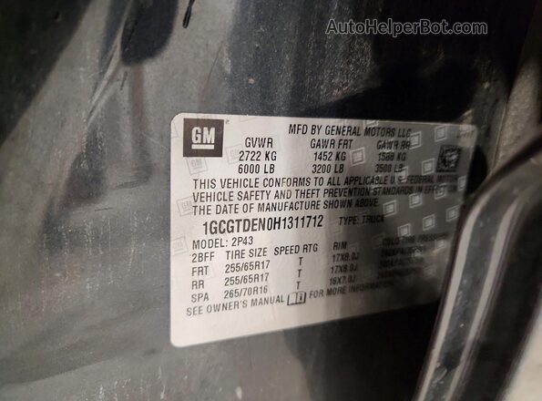 1GCGTDEN0H1311712 2017 CHEVROLET COLORADO Gray VIN կոդի պիտակի տեսք