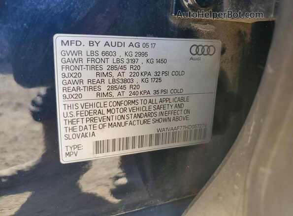 WA1VAAF77HD057274 2017 AUDI Q7 Blue Vista de la etiqueta del VIN