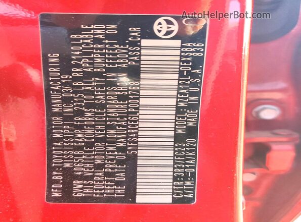 5YFS4RCE6LP001768 2020 TOYOTA COROLLA Red VIN sticker view
