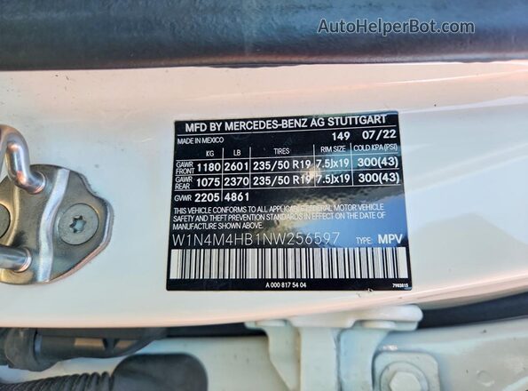 W1N4M4HB1NW256597 2022 MERCEDES-BENZ GLB-CLASS White Панорамний вид салону 360°