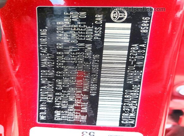 4T1B61HK9JU567316 2018 TOYOTA CAMRY Красный Панорамный вид салона 360°