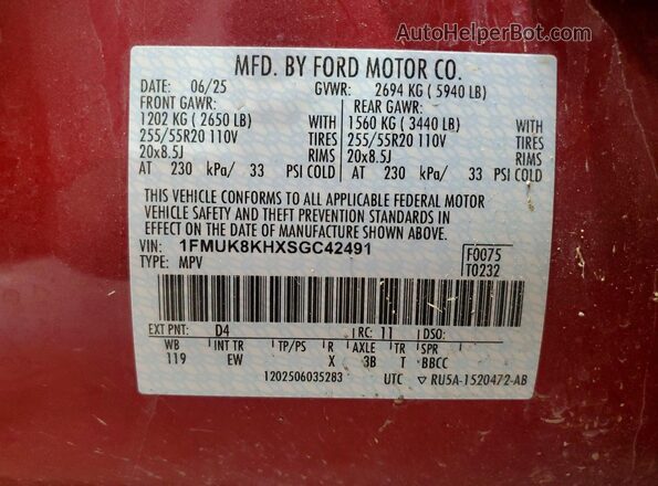 1FMUK8KHXSGC42491 2025 FORD EXPLORER Red VIN კოდის სტიკერის ხედი