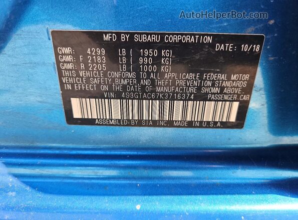 4S3GTAC67K3716374 2019 SUBARU IMPREZA Blue Vista de la etiqueta del VIN
