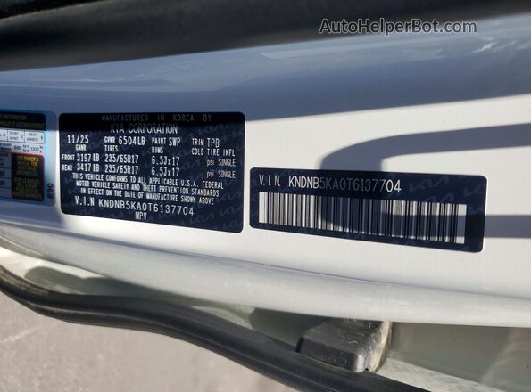 KNDNB5KA0T6137704 2026 KIA CARNIVAL White Widok naklejki z numerem VIN