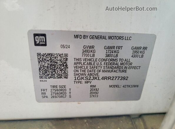 1GKS2JKL4RR277392 2024 GMC YUKON White Панорамний вид салону 360°