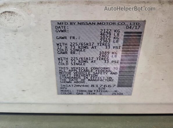 5N1AT2MV4HC817667 2017 NISSAN ROGUE White Սալոնի 360 աստիճան տեսք