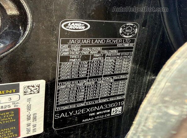 SALYJ2EX6NA336019 2022 LAND ROVER RANGE Black Սալոնի հետևի տեսք